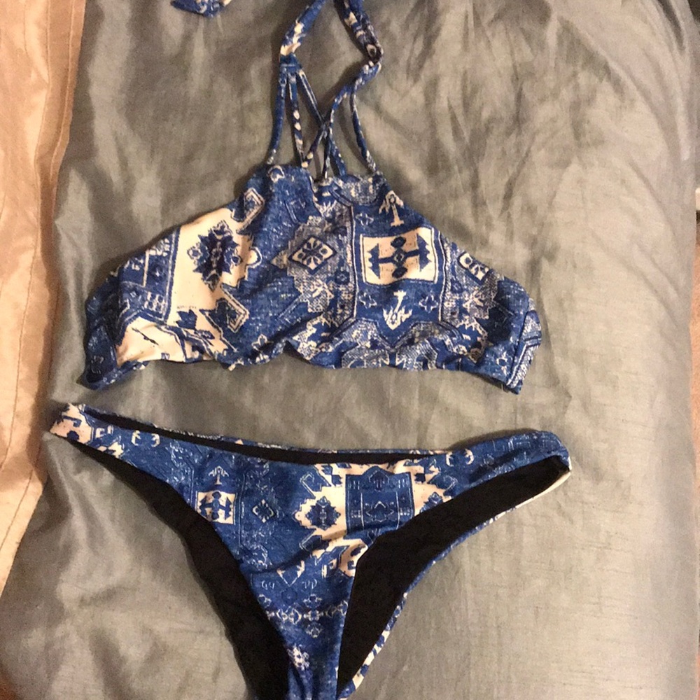 Patterned blue and white bathing suit